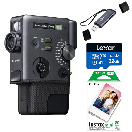 Fujifilm instax mini Evo Cinema 3-in-1 Hybrid Instant Camera, Bundle with Daylight 20 Exposure Film Pack, 32GB microSDHC Memory Card and OTG Card Reader