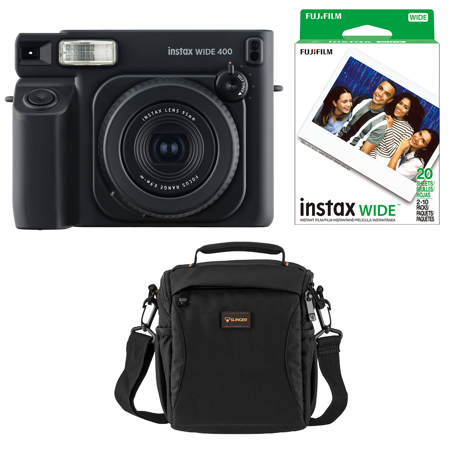 Fujifilm Instax Wide 400 Instant Film Camera, Jet Black, Bundle with Instant Color Print Film, 20-Pack and Shoulder Bag