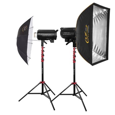 Flashpoint Studio Pro 1000 III-V 1000W R2 Flash 2-Light Kit with LED Lamp, Bundle with Stands, Softbox and Umbrella