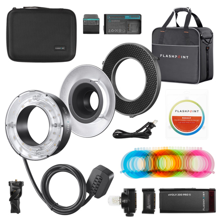 Flashpoint eVOLV 200 Pro TTL Pocket Flash Head, Bundle with Ring Flash, Reflector and Grid