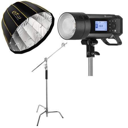 Flashpoint XPLOR 400PRO TTL Battery-Powered Monolight + Flashpoint 10' C (Century) Light Stand on Turtle Base Kit w/40" Grip Arm & 2 Gobo Heads and Baby Pin - Chrome + Glow EZ Lock Deep Parabolic Quick Softbox (48")
