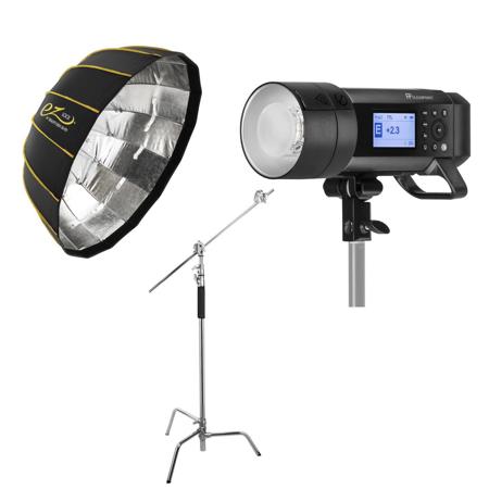 Flashpoint XPLOR 400PRO TTL Battery-Powered Monolight + Glow EZ Lock Collapsible Silver Beauty Dish (34") + Flashpoint 10' C (Century) Light Stand on Turtle Base Kit w/40" Grip Arm & 2 Gobo Heads and Baby Pin - Chrome