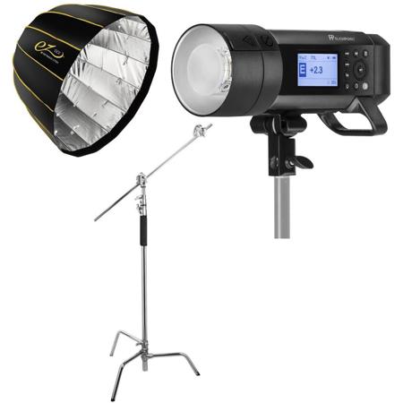 Flashpoint XPLOR 600PRO TTL Battery-Powered Monolight + Glow EZ Lock Deep Parabolic Quick Softbox (28") + Flashpoint 10' C (Century) Light Stand on Turtle Base Kit w/40" Grip Arm & 2 Gobo Heads and Baby Pin - Chrome