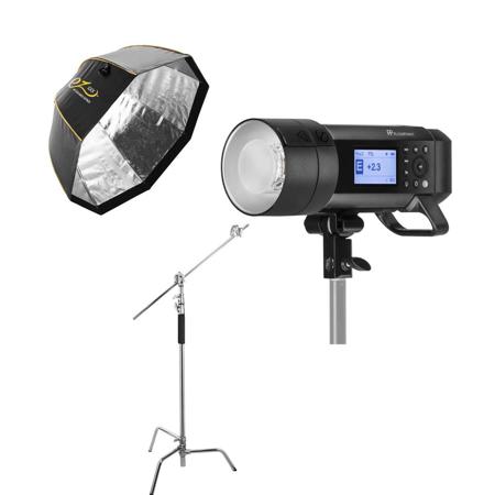 Flashpoint XPLOR 600 PRO TTL + Glow EZ Lock Octa Quick XL Softbox With Bowens Mount (48") + Flashpoint 10' C (Century) Light Stand on Turtle Base Kit w/40" Grip Arm & 2 Gobo Heads and Baby Pin - Chrome