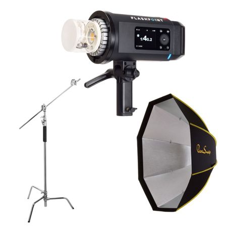 Flashpoint XPLOR 600 SE (Special Edition) R2 Manual HSS Battery-Powered All-In-One Outdoor Flash with Flashpoint XPLOR 600 SE R2 Manual HSS Monolight Kit with Softbox and C-Stand