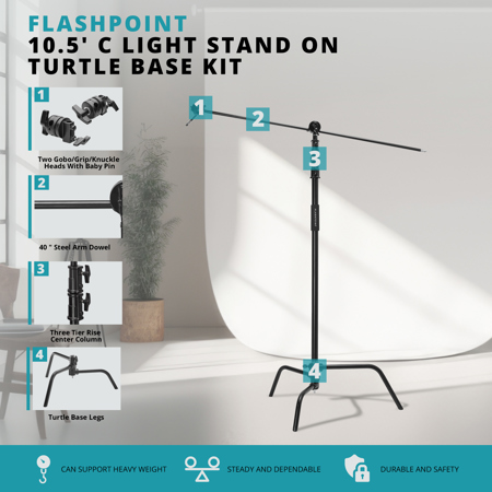 Flashpoint 10.5' C Light Stand on Turtle Base Kit with Two Tier Spring Loaded Riser Column, 40" Grip Arm, Two 3" Gobo Heads and Baby Pin, Black, this C Stand is Suitable for Cinema and Still Studios