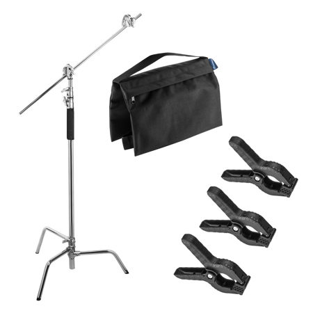 Flashpoint 10' C Light Stand on Turtle Base Kit, Chrome, w/Spring Clamps,Sandbag