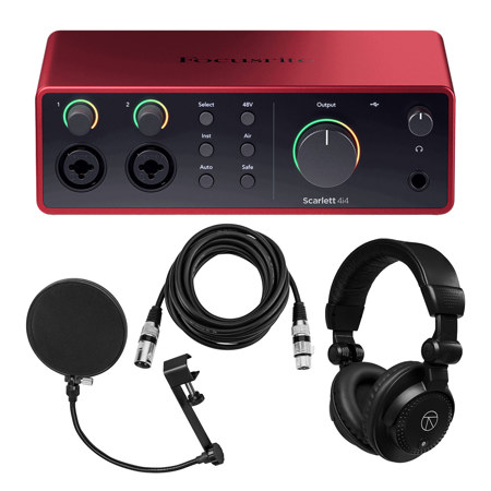 Focusrite Scarlett 4i4 4th Gen USB Interface with Software Suite, Bundle with TAPH100 Headphones, 2x 15' XLR Microphone Cable