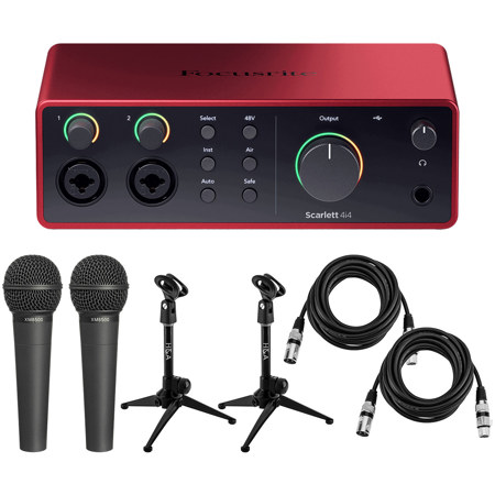 Focusrite Scarlett 4i4 4th Gen USB Interface with Software Suite, Bundle with 2x XM8500 Microphones and 2x Tripod Mic Stand