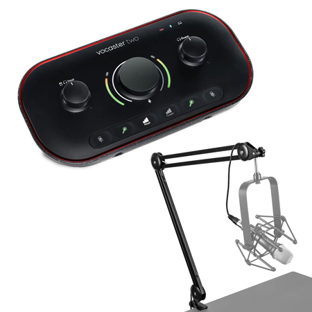 Focusrite Vocaster Two Podcast Interface for Solo Content Creators, Bundle with H&A Broadcast Arm