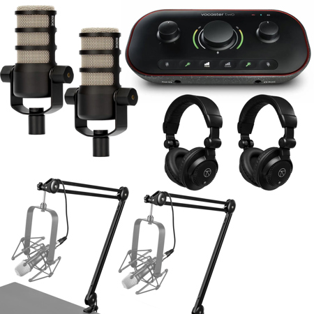 Focusrite Vocaster Two Podcast Interface for Solo Content Creators, Bundle with 2x PodMic Podcasting Microphone, 2x Broadcast Arm, 2x TAPH100 Headphones