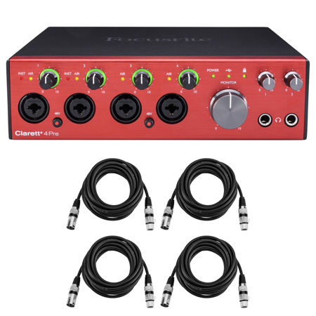 Focusrite Clarett+ 4Pre 8-Channel 18-In/8-Out Audio Interface, Bundle with 4x 15' XLR Male to Female Cable