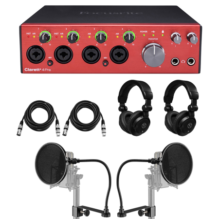 Focusrite Clarett+ 4Pre 8-Channel 18-In/8-Out Audio Interface, Bundle with 2x TAPH100 Headphones, 2x 15' XLR Male to Female Cable, 2x Pop Filter