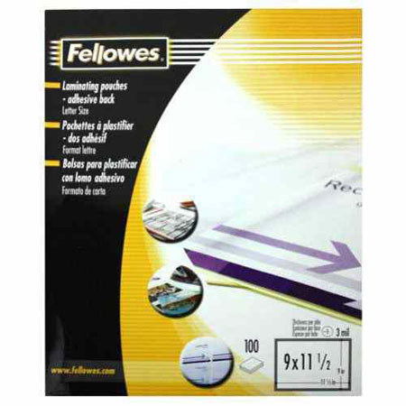 Fellowes Adhesive Back Pouches, Letter, 100 pack, Clear, 3 mil