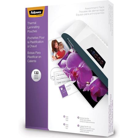 Fellowes Laminating Pouches Starter Kit, Assorted 3mil Thickness, 130 Pack, Clear