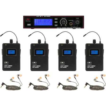Galaxy Audio Any Spot AS-1410-4 Wireless Personal Monitor Band Pack System, Includes AS-1400T Transmitter, 4x AS-1400R Bodypack Receiver and 4x EB10 Ear Buds, Frequency Code M: 516 to 558MHz