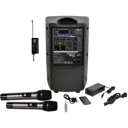 Galaxy Audio TQ8X Traveler Quest 8" PA Speaker with Trek GTU UHF Wireless Dual Handheld Microphone System, A & B: 524.5-594.5MHz