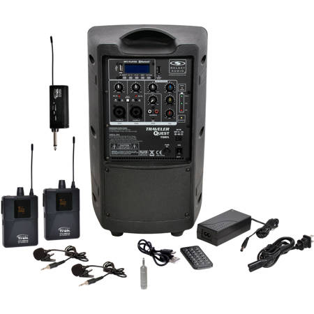 Galaxy Audio TQ8X Traveler Quest 8" PA Speaker with Trek GTU UHF Wireless Dual Lavalier Microphone System, A & B: 524.5-594.5MHz