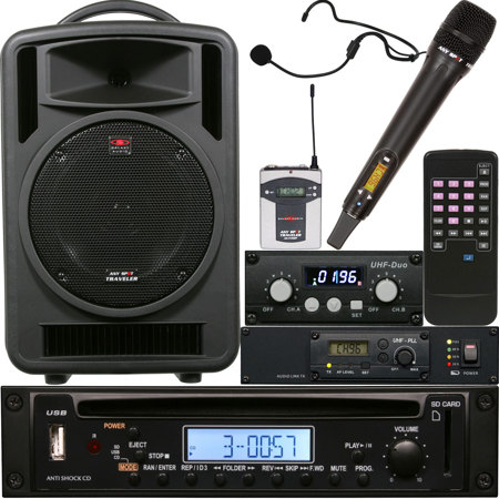 Galaxy Audio Any Spot Traveler TV10 10" 150W Portable PA System with RM-CD Player, TV5-DREC Dual-Channel UHF Receiver, AS-TVTX Audio Link Transmitter, TVMBP Body Pack Transmitter, TVHH Handheld Wireless Microphone and HS-U3BK Headset Microphone, Frequency G: 520 to 544MHz