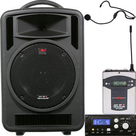 Galaxy Audio Any Spot Traveler TV10 10" 150W Portable PA System with TV5-REC Single-Channel UHF Receiver, TVMBP Body Pack Transmitter and HS-U3BK Headset Microphone, Frequency G: 520 to 544MHz