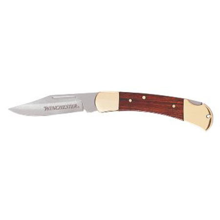 Winchester 3.25" Brass/Wood Handle Folder Knife w/Satin Finish Plain Edge Blade