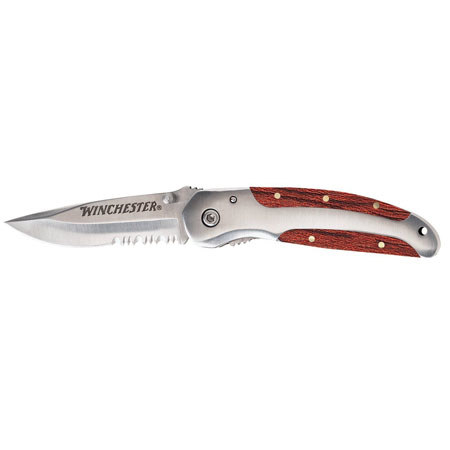 Winchester 2.25" Serrated Wood Folder Knife with Satin Finish Blade