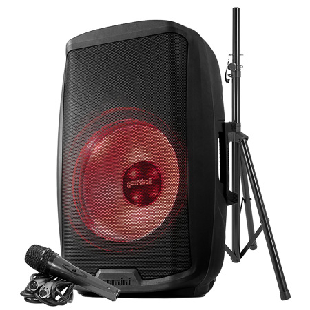 Gemini AS-2115BT-LT-PK 15" 2000 Watt 2-Way Full-Range PA Active Bluetooth Loudspeaker with LED Party Lighting, Microphone and Stand