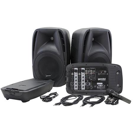 Gemini ES-210MXBLU Professional Audio Portable PA System, Includes 2x 10" 600W ABS Passive Speakers, Powered 8-Channel Mixer with Digital Echo, Microphone