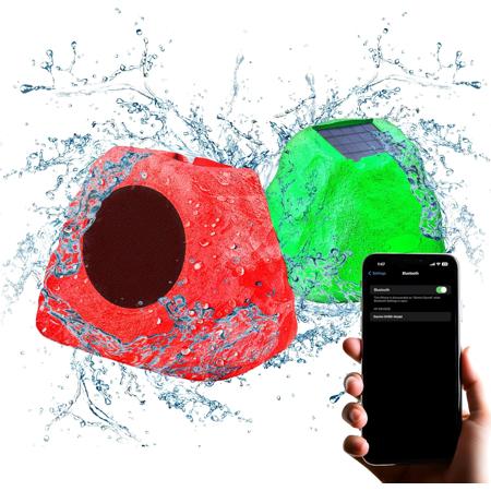 Gemini GHRK-500LTMS 60W Rechargeable Bluetooth Solar Powered Outdoor Rock LED Speaker with Multi-Link, Pair
