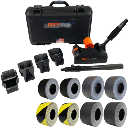 GaffGun Platinum Bundle, with 2x 2.83"x45yd AV Cord, 2x 2.83"x60yd Hazard Stripe AV Cord, 2x 2.83"x55yd Gaffers and 2x 2.83"x55yd DryChannel Gaffers Tape Roll