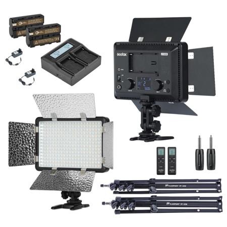 Godox LF308BI 2-Light Variable Color LED Video Light with Flash Sync Kit, Includes Light Stands and Battery