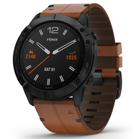 Garmin fenix 6X Pro Sapphire GPS Smartwatch, Black DLC with Brown Leather Band