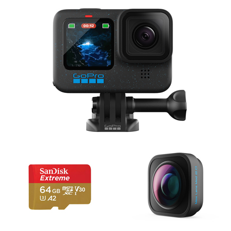 GoPro HERO12 Black Camera, Bundle with Max Lens Mod 2.0 and 64GB Memory Card
