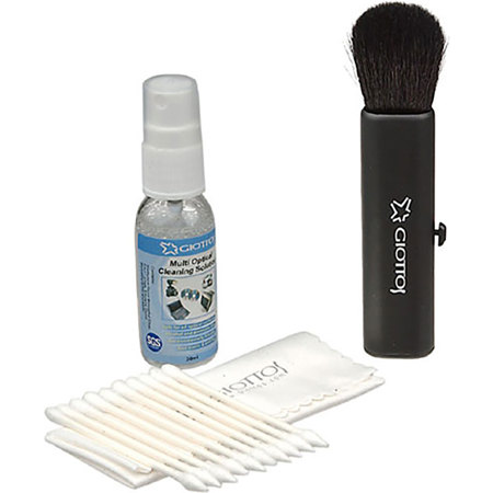 Giottos Optical 4 piece Cleaning Kit with Retracting Goats Hair Brush, Cloth, Liquid & Case