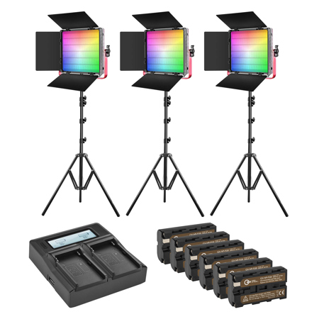 Great Video Maker 1200D 50W Bi-Color RGB Studio Soft LED Panel 3-Light Kit, Bundle with Green Extreme NP-F550 Lithium-Ion Battery, Dual Smart Charger, Smart Charger Plate