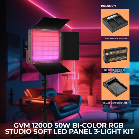 GVM 1200D 50W Bi-Color RGB Studio Soft LED Panel 3-Light Kit,w