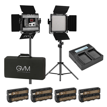 GVM 560AS 30W Bi-Color Soft LED Panel 2-Light Kit, Bundle with Green Extreme Dual Smart Charger, 4x NP-F550 Lithium-Ion Battery, Smart Charger Plate