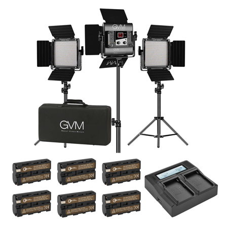 GVM 560AS 30W Bi-Color Soft LED Panel 3-Light Kit, Bundle with Green Extreme Dual Smart Charger, 6x NP-F550 Lithium-Ion Battery, Smart Charger Plate
