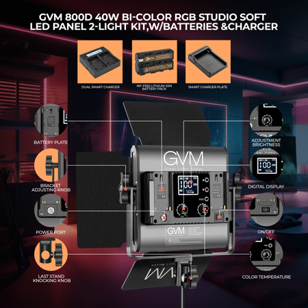 GVM 800D 40W Bi-Color RGB Studio Soft LED Panel 2-Light Kit,w