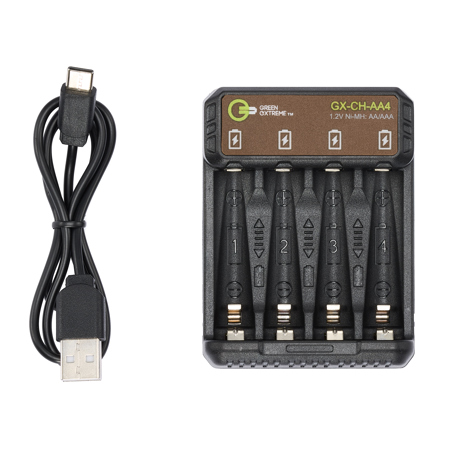 Green Extreme GX-CH-AA4 4-Bay Charger for AA/AAA NiMH Batteries with USB-C Input