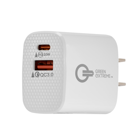 Green Extreme 20W 2-Port USB-C/USB-A Wall Charger, White