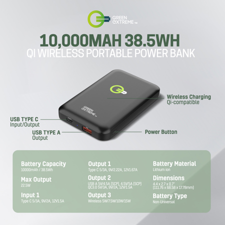 Green Extreme 10000mAh 38.5Wh Qi Wireless Portable Power Bank