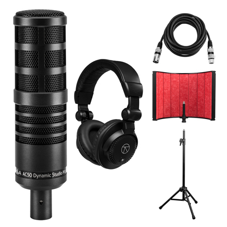 H&A AC50 Cardioid Dynamic Studio Broadcast Microphone, Bundle with Closed-Back Headphones, Studio Isolation Filter with Stand, 15-Foot XLR M to F Cable