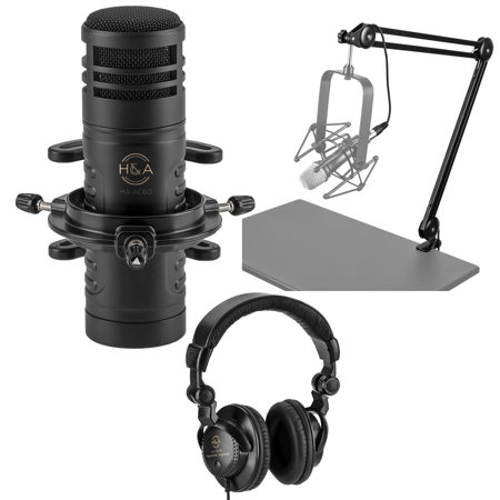 H&A AC60 Hypercardioid Dynamic Studio Broadcast Microphone Bundle with Studio Monitor Headphones, Broadcast Arm with Springs and XLR Cable