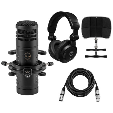 H&A AC60 Hypercardioid Dynamic Studio Broadcast Microphone Bundle with Studio Headphones, Desktop Isolation Filter, 15-Foot XLR M to F Mic Cable