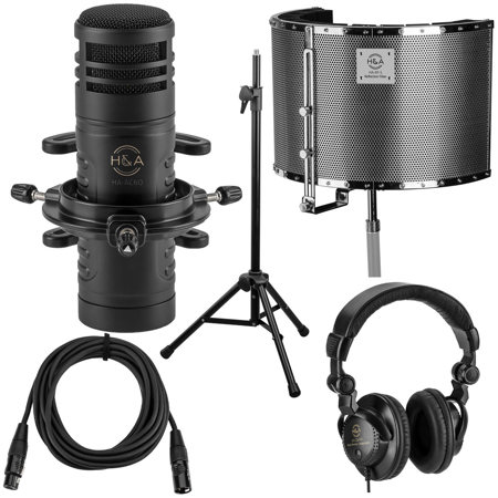 H&A AC60 Hypercardioid Dynamic Studio Broadcast Microphone Bundle with Studio Headphones, Reflection Filter with Tripod, 15-Foot XLR M to F Mic Cable