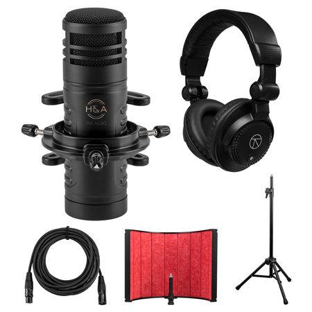 H&A AC60 Hypercardioid Dynamic Studio Broadcast Microphone, Bundle with Closed-Back Headphones, Studio Isolation Filter with Stand, 25-Foot XLR M to F Cable