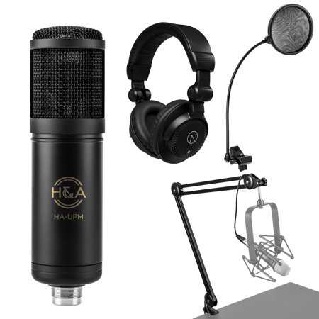 H&A HA-UPM Professional USB Microphone Podcasting Bundle - Brodcast Arm - POP Filter- Proffesional Studio Monitor Headphones