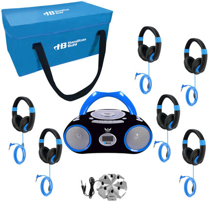 Hamilton Buhl 6-Person Listening Center with AudioAce Media Player, Black and 6x Smart-Trek Deluxe Headphones with Blue Accents