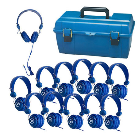 Hamilton Buhl Lab Pack, 12x FVBLU Favoritz Headsets with In-Line Microphone and TRRS Plug, Small Carry Case, Blue
